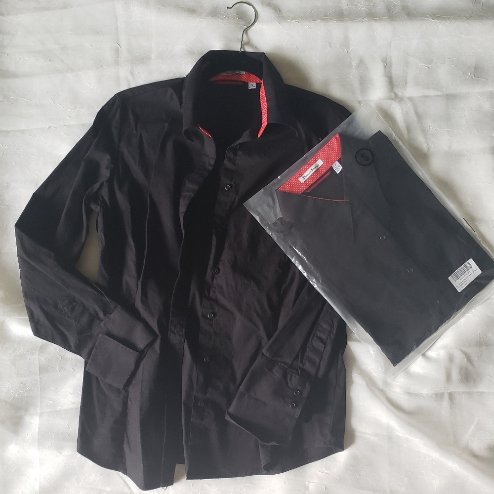 Two black button-down collared shirts